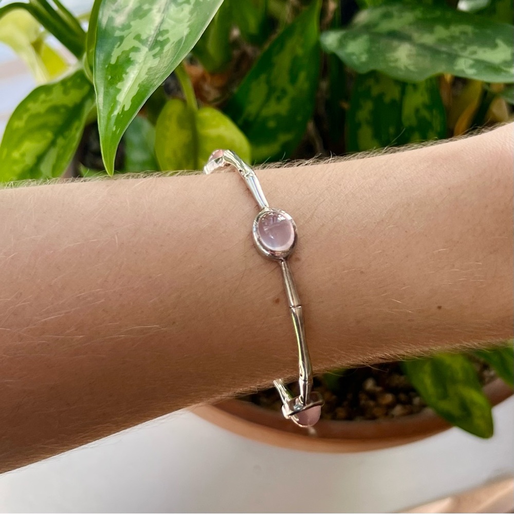 Thistle & Bee Rose Quartz Cabochon Signed 925 Sterling Silver Bamboo Bangle